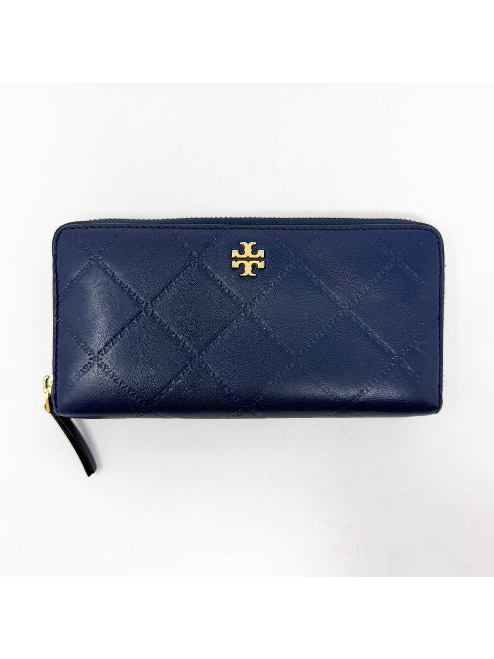 Tory Burch Navy Blue Leather Zip Around Wallet Many Card Slots Diamond Pattern